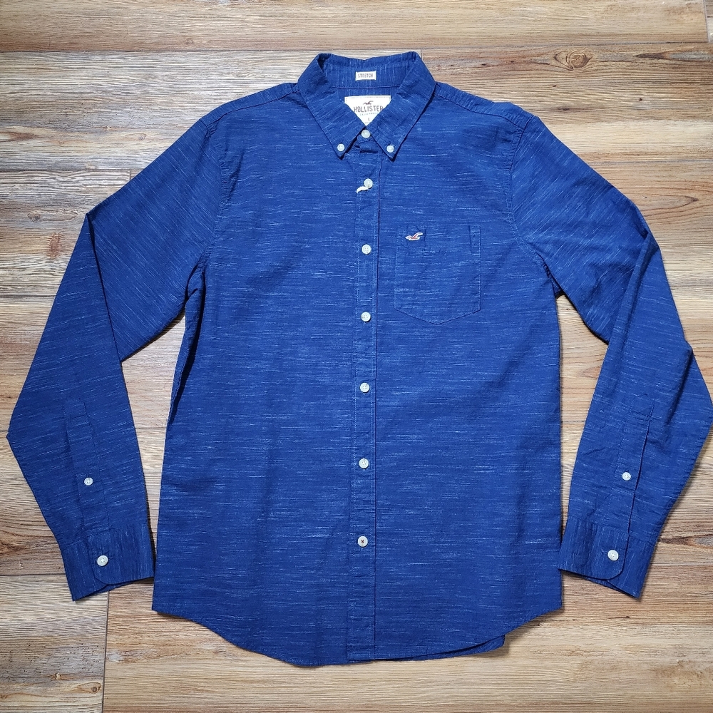 Hollister Button Down Shirt Men's L Heather Navy Blue Long Sleeve NEW